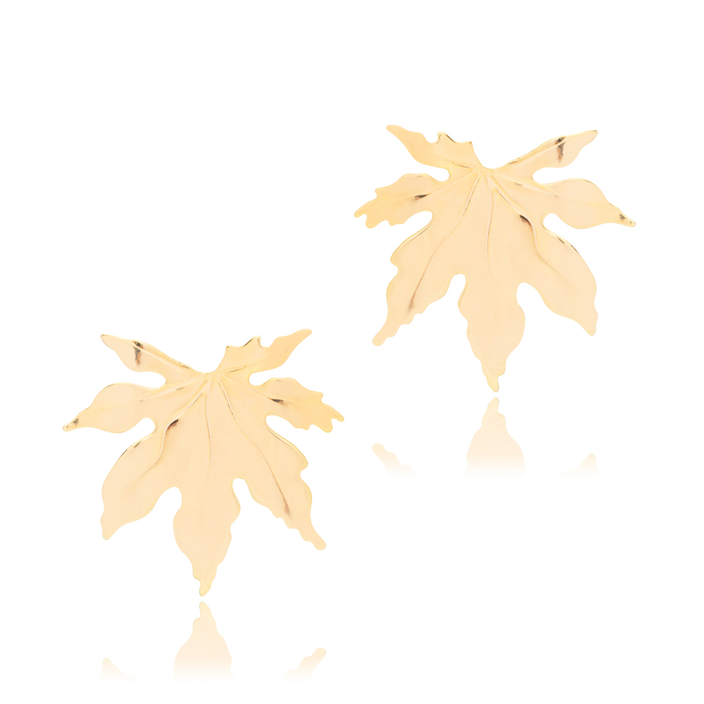 Plain Leaf Design Turkish Handmade Stud Earrings 925 Sterling Silver Jewelry