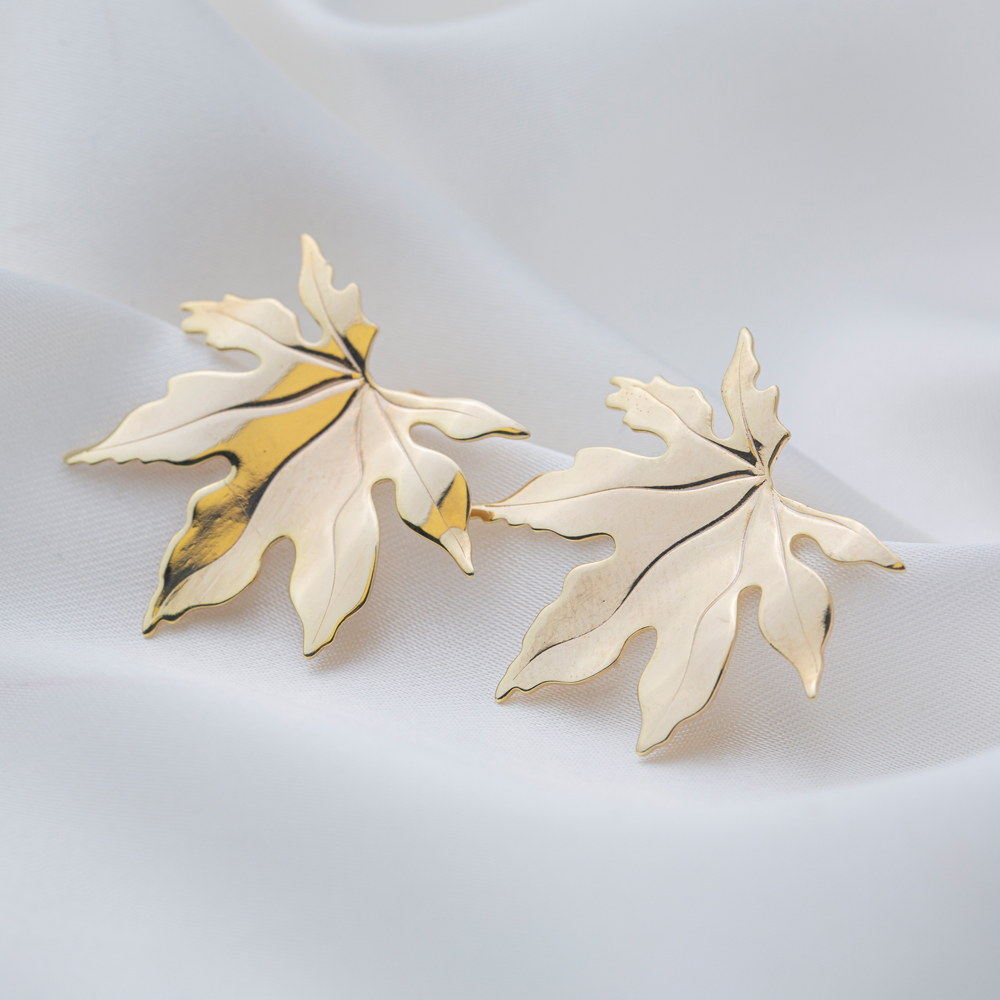 Plain Leaf Design Turkish Handmade Stud Earrings 925 Sterling Silver Jewelry