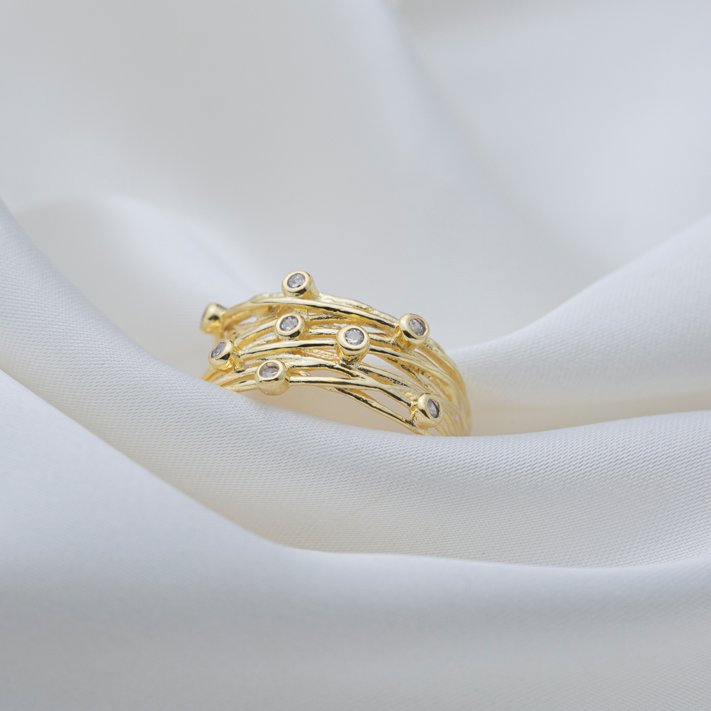 Unique Lines Round Cut Zircon Stone Cluster Ring Turkish Handmade 925 Sterling Silver Jewelry