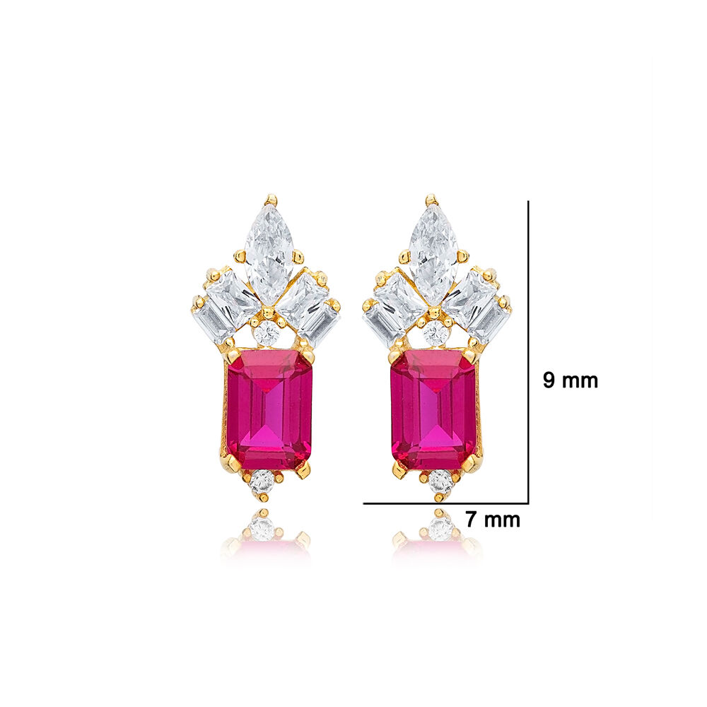 Rectangle Shape Ruby Stone with Clear Zircon Stone Stud Earrings 925 Sterling Silver Jewelry