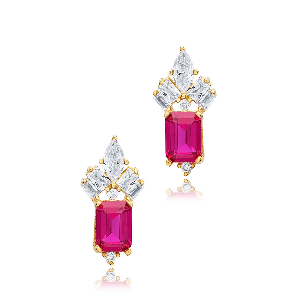 Rectangle Shape Ruby Stone with Clear Zircon Stone Stud Earrings 925 Sterling Silver Jewelry