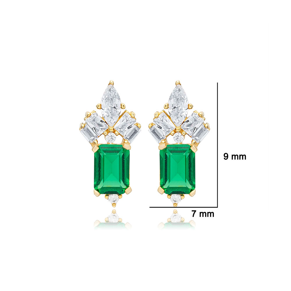 Rectangle Shape Emerald Stone with Clear Zircon Stone Stud Earrings 925 Sterling Silver Jewelry