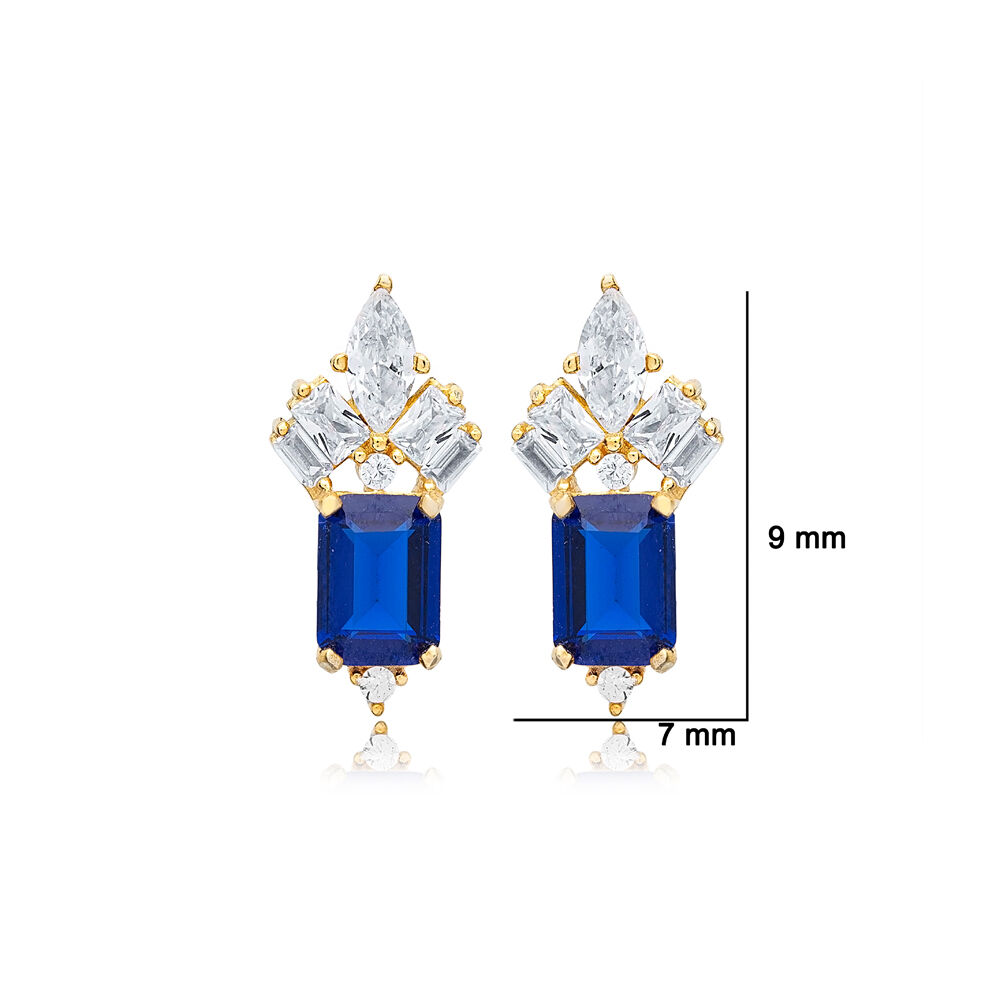 Rectangle Shape Sapphire Stone with Clear Zircon Stone Stud Earrings 925 Sterling Silver Jewelry