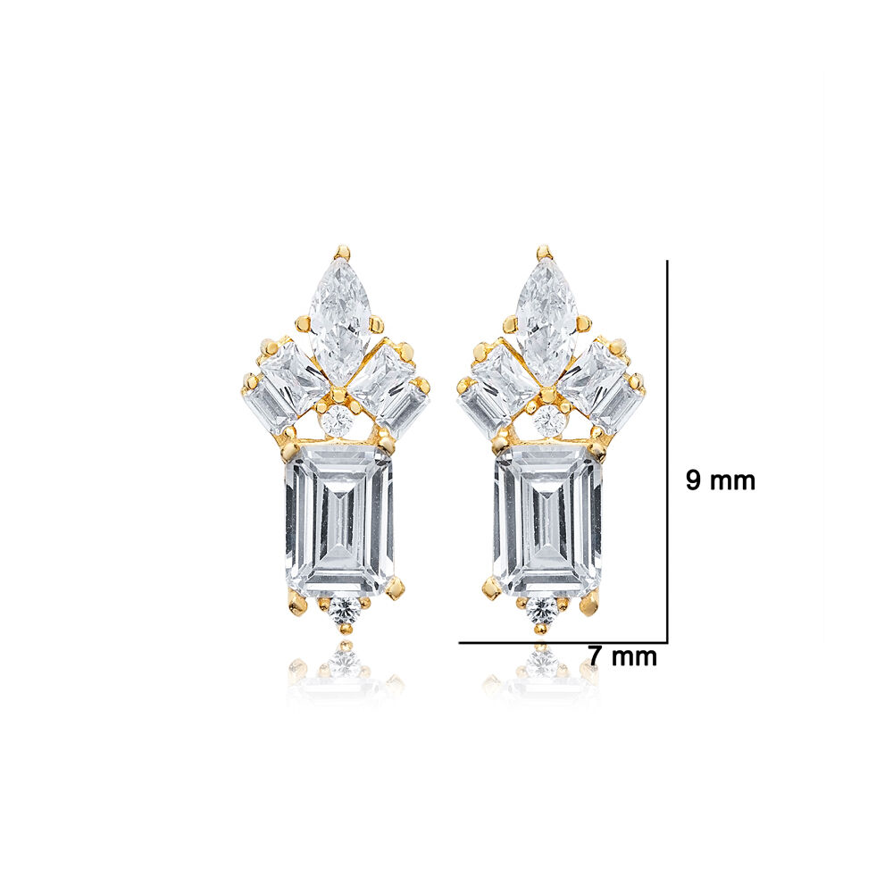 Rectangle Shape Shiny Zircon Stone Stud Earrings Turkish Handmade 925 Sterling Silver Jewelry