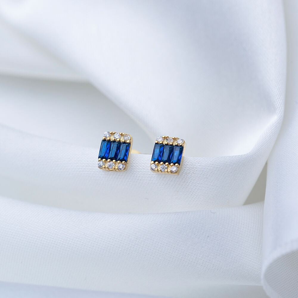 Minimalist Baguette Sapphire with Shiny Zircon Stone Stud Earrings 925 Sterling Silver Jewelry