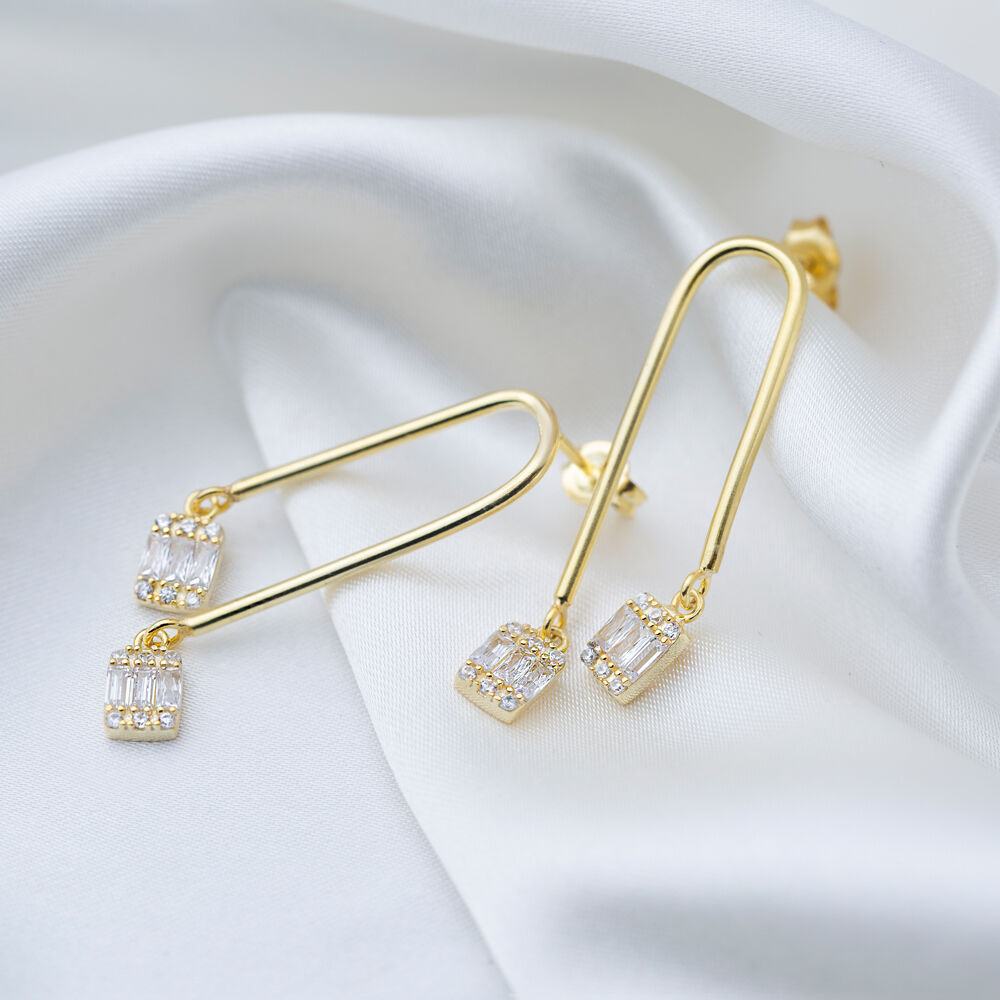 Geometric Square Shape Shiny Zircon Stone Long Earrings For Woman 925 Sterling Silver Jewelry