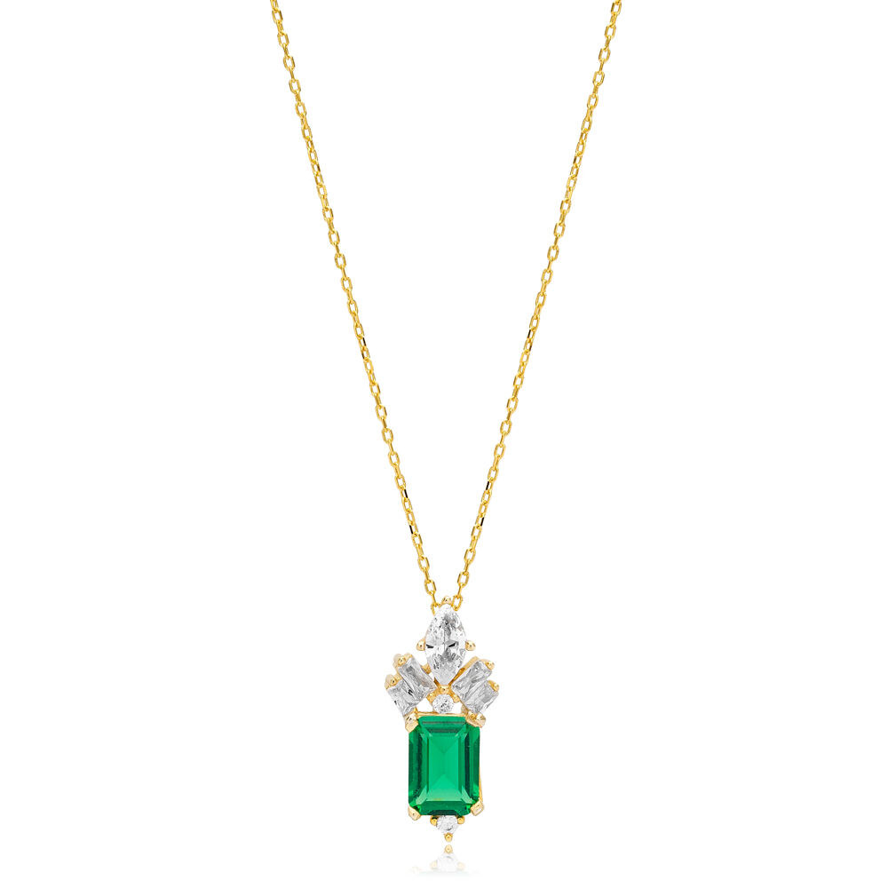 Rectangle Shape Emerald Stone with Zircon Stone Charm Necklace Turkish Handmade 925 Silver Jewelry