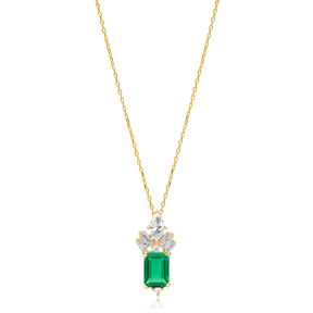 Rectangle Shape Emerald Stone with Zircon Stone Charm Necklace Turkish Handmade 925 Silver Jewelry