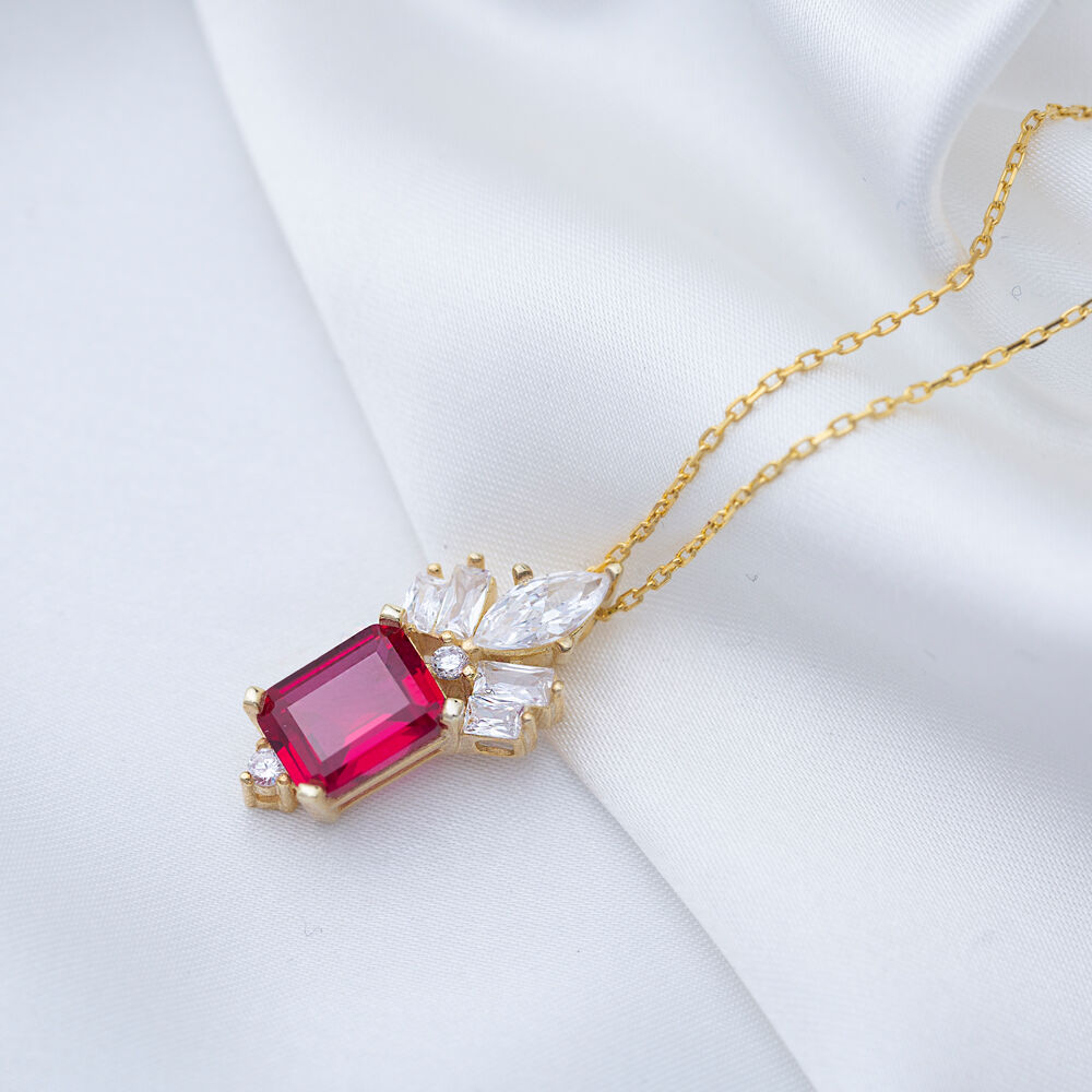 Rectangle Shape Ruby Stone with Zircon Stone Charm Necklace Turkish Handmade 925 Silver Jewelry