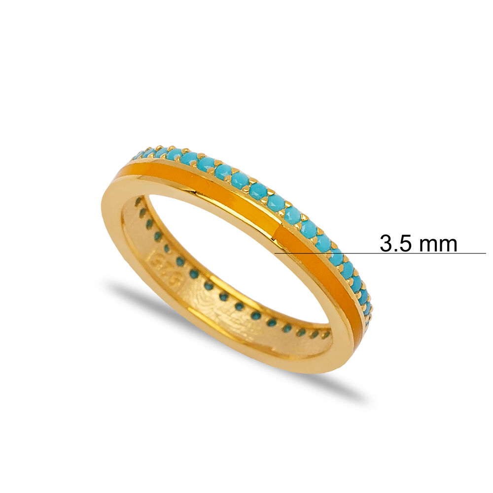 Orange Enamel Design Turquoise Stone Band Ring Turkish Handmade 925 Sterling Silver Jewelry