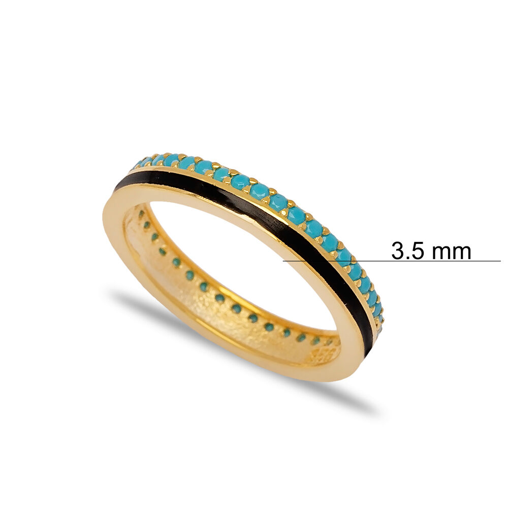 Black Enamel Design Turquoise Stone Band Ring Turkish Handmade 925 Sterling Silver Jewelry