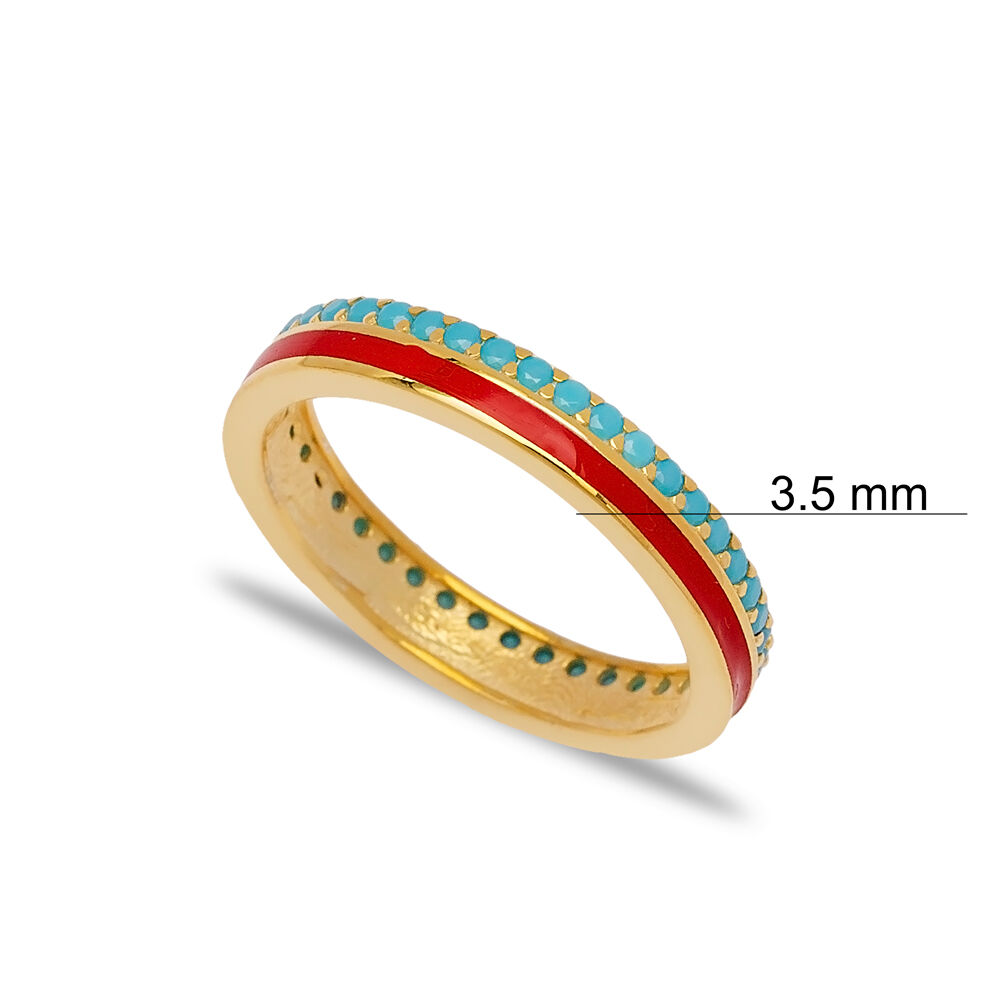 Red Enamel Design Turquoise Stone Band Ring Turkish Handmade 925 Sterling Silver Jewelry