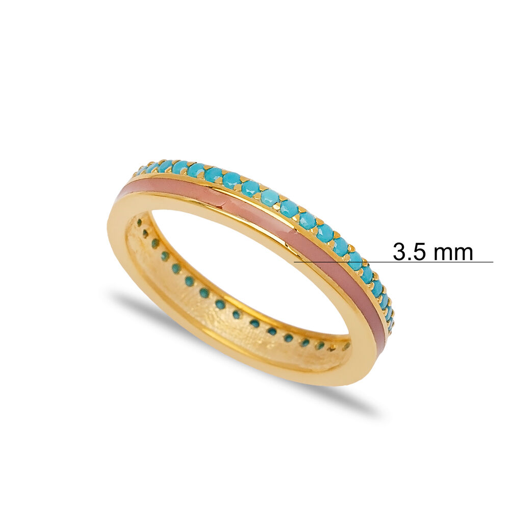 Pink Enamel Design Turquoise Stone Band Ring Turkish Handmade 925 Sterling Silver Jewelry