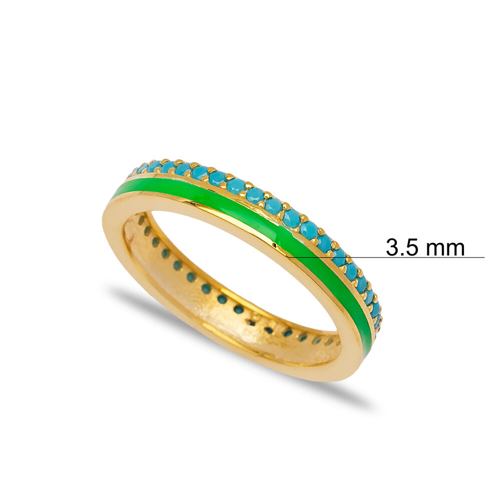 Green Enamel Design Turquoise Stone Band Ring Turkish Handmade 925 Sterling Silver Jewelry