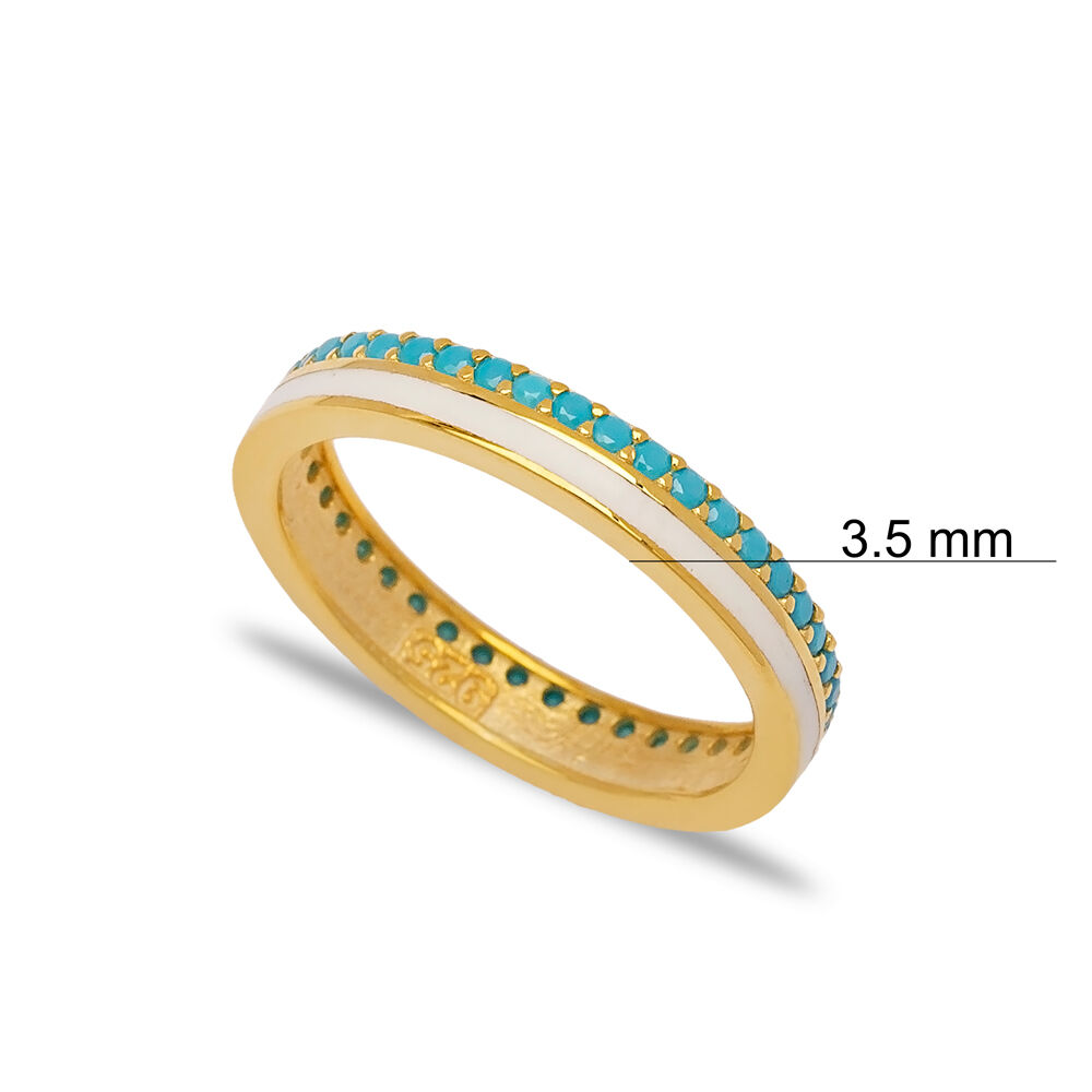 White Enamel Design Turquoise Stone Band Ring Turkish Handmade 925 Sterling Silver Jewelry