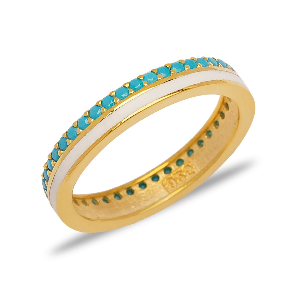White Enamel Design Turquoise Stone Band Ring Turkish Handmade 925 Sterling Silver Jewelry