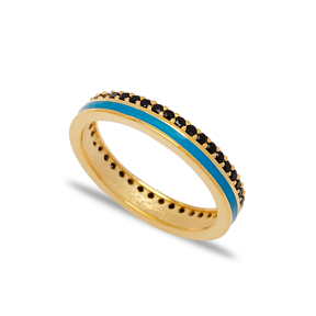 Blue Enamel Design Black Zircon Stone Band Ring Turkish Handmade 925 Sterling Silver Jewelry