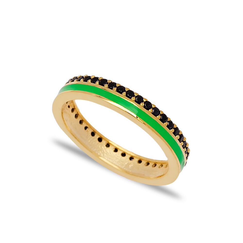 Green Enamel Design Black Zircon Stone Band Ring Turkish Handmade 925 Sterling Silver Jewelry
