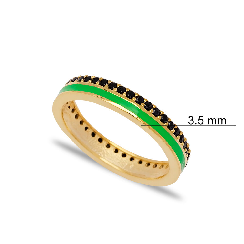 Green Enamel Design Black Zircon Stone Band Ring Turkish Handmade 925 Sterling Silver Jewelry
