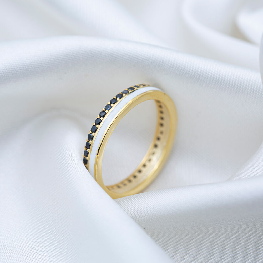 White Enamel Design Black Zircon Stone Band Ring Turkish Handmade 925 Sterling Silver Jewelry