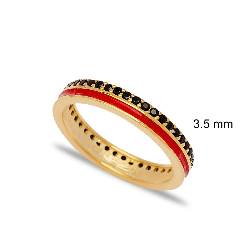 Red Enamel Design Black Zircon Stone Band Ring Turkish Handmade 925 Sterling Silver Jewelry