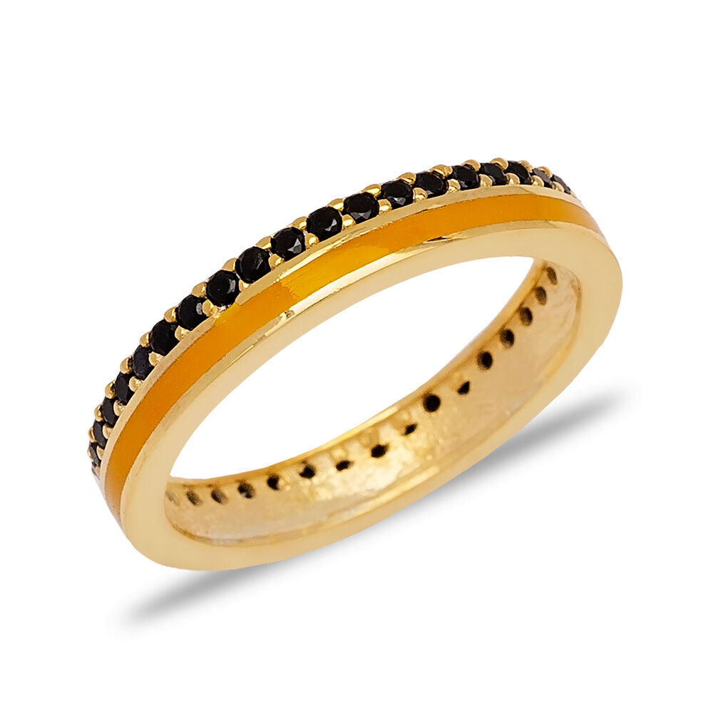 Orange Enamel Design Black Zircon Stone Band Ring Turkish Handmade 925 Sterling Silver Jewelry