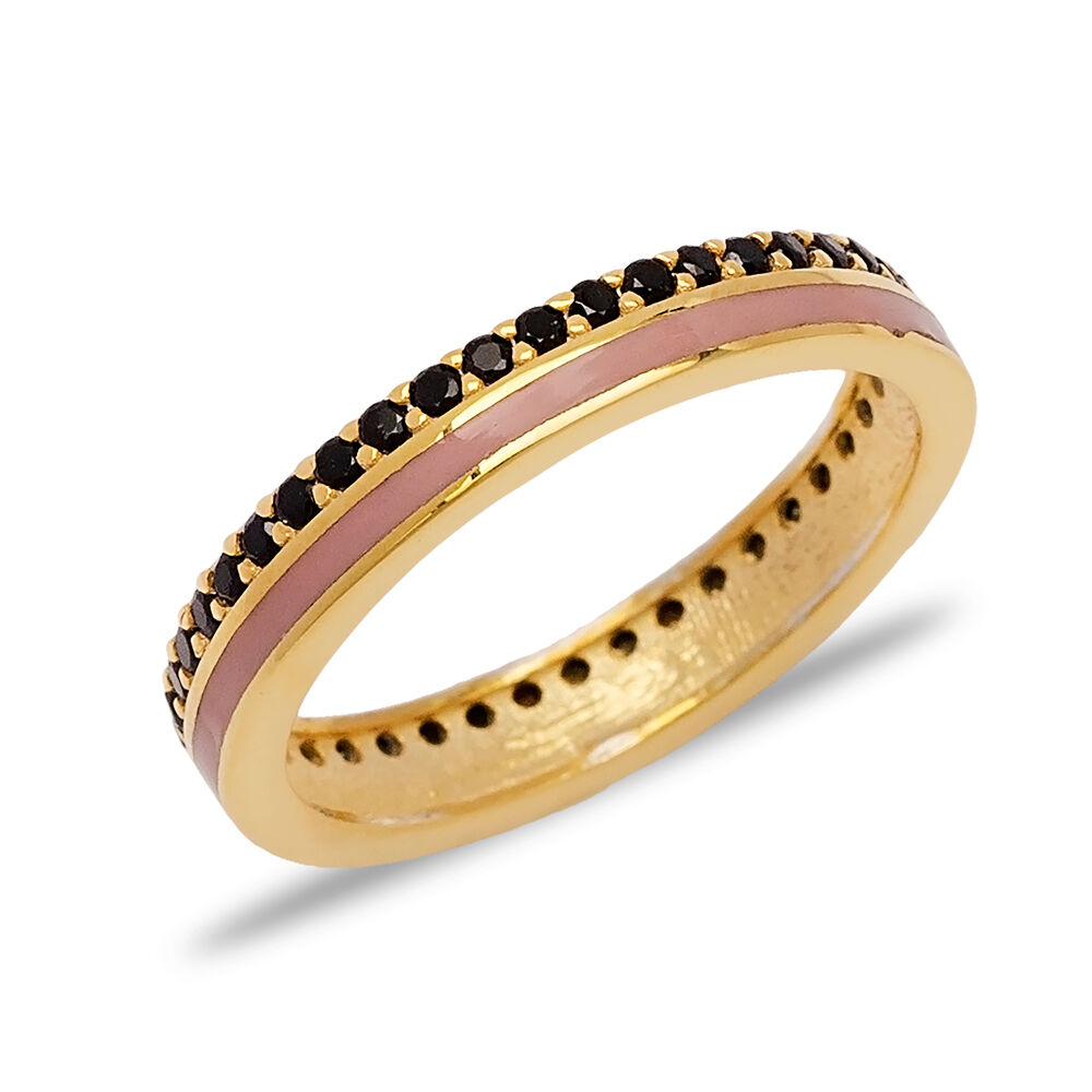 Pink Enamel Design Black Zircon Stone Band Ring Turkish Handmade 925 Sterling Silver Jewelry