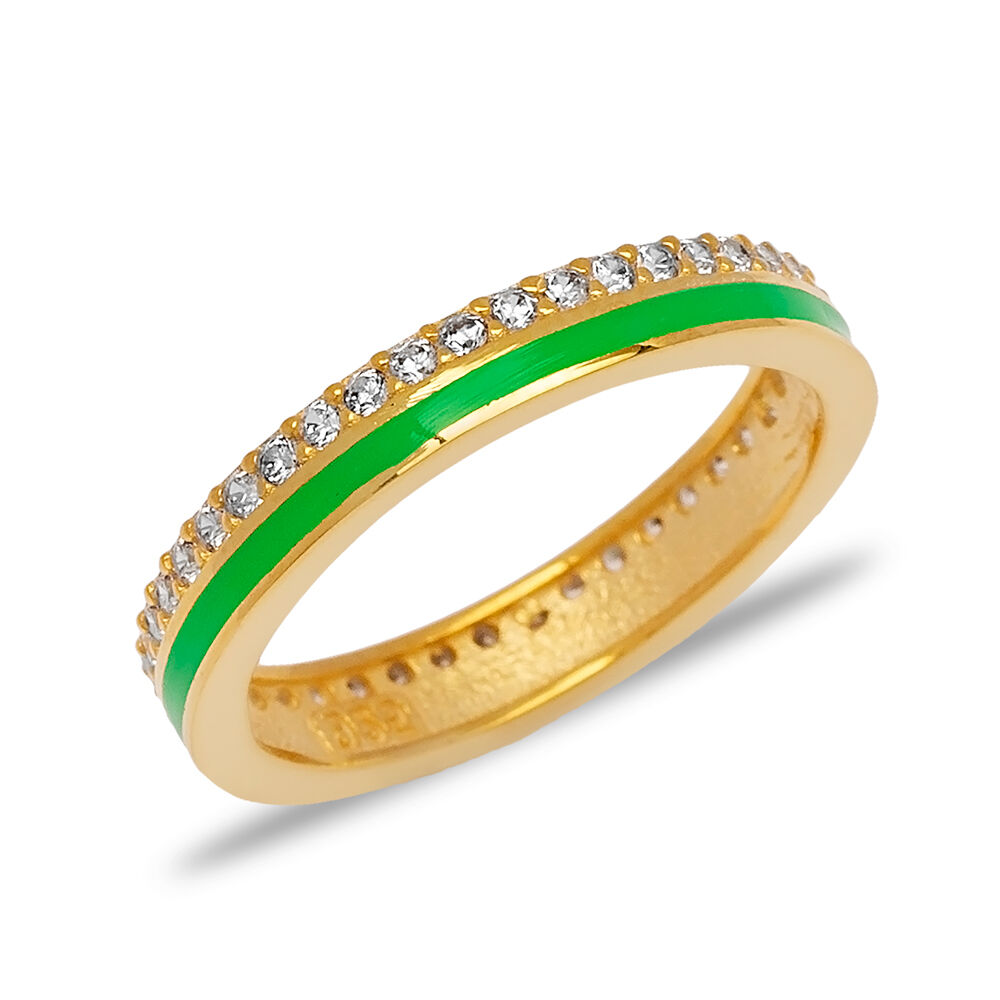 Green Enamel Design Clear Zircon Stone Band Ring Turkish Handmade 925 Sterling Silver Jewelry