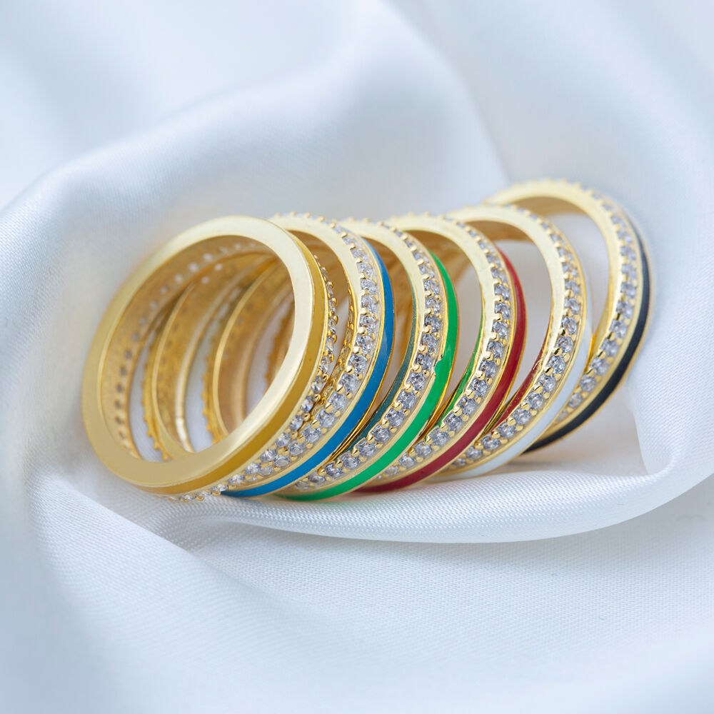 Green Enamel Design Clear Zircon Stone Band Ring Turkish Handmade 925 Sterling Silver Jewelry