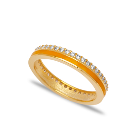 Orange Enamel Design Clear Zircon Stone Band Ring Turkish Handmade 925 Sterling Silver Jewelry