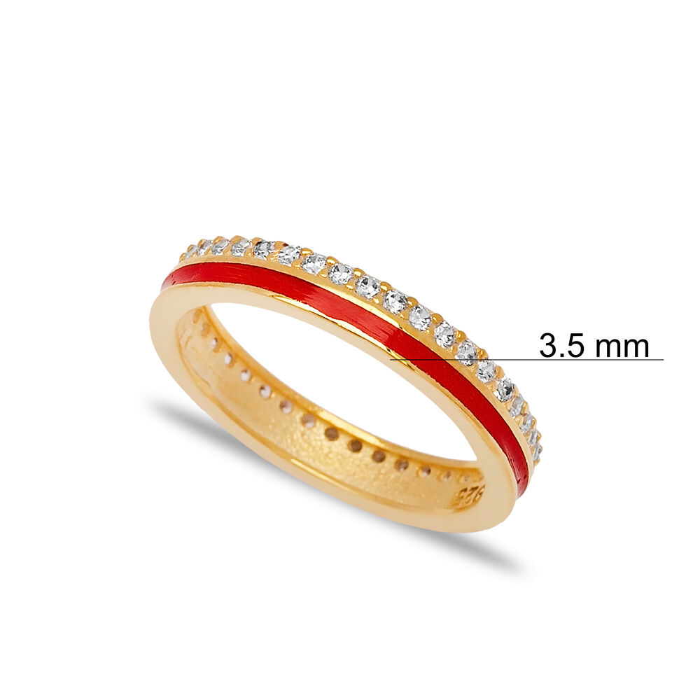 Red Enamel Design Clear Zircon Stone Band Ring Turkish Handmade 925 Sterling Silver Jewelry