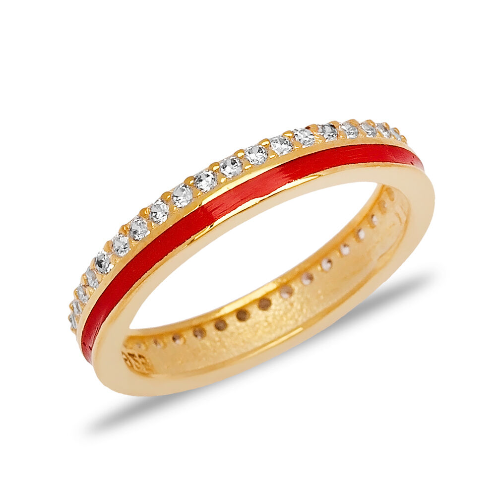 Red Enamel Design Clear Zircon Stone Band Ring Turkish Handmade 925 Sterling Silver Jewelry