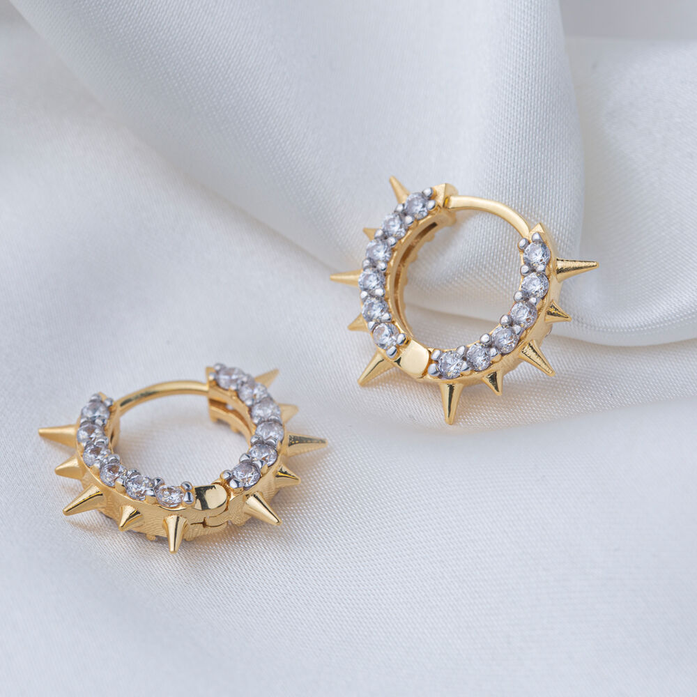 Ø14 mm Clear Zircon Stone Spike Hoop Design Hoop Earrings 925 Sterling Silver Jewelry