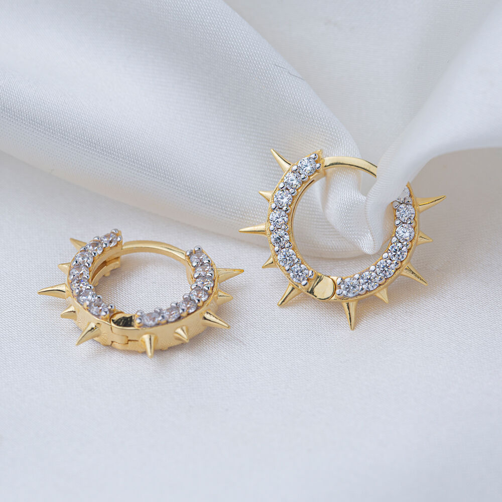 Ø16 mm Clear Zircon Stone Spike Hoop Design Hoop Earrings 925 Sterling Silver Jewelry
