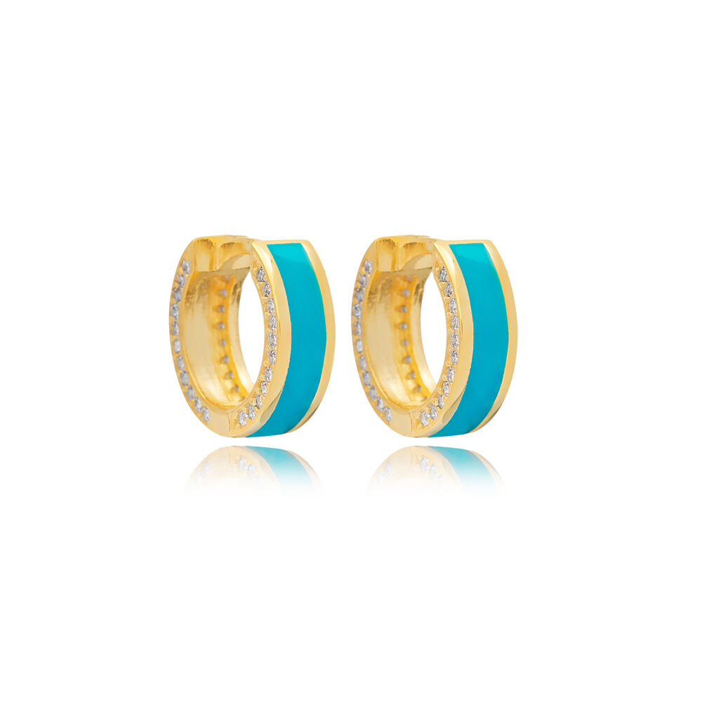 Turquoise Color Enamel Design Clear Zircon Stone Hoop Earrings 925 Sterling Silver Jewelry