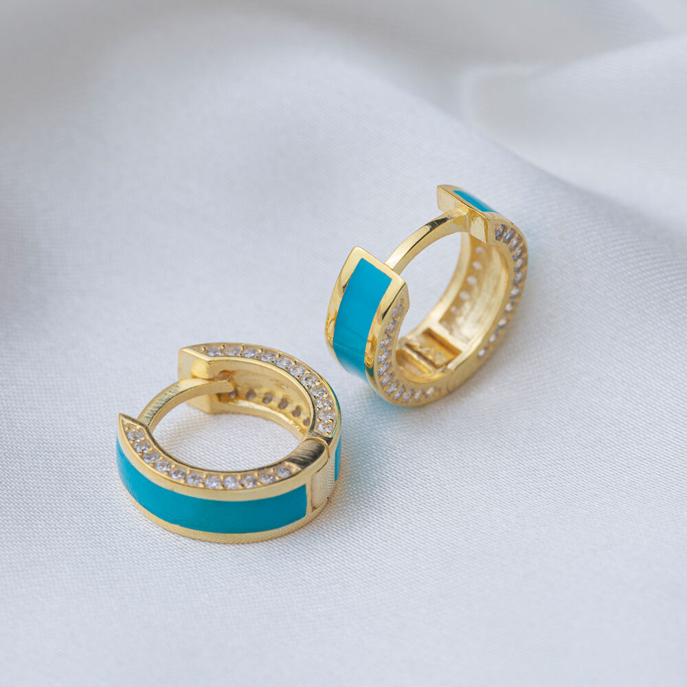 Turquoise Color Enamel Design Clear Zircon Stone Hoop Earrings 925 Sterling Silver Jewelry