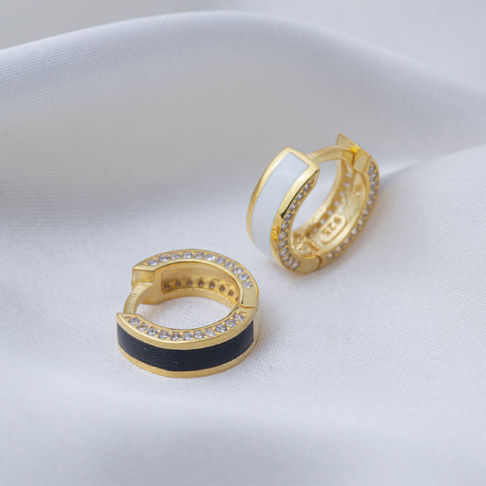 Double Color Enamel Design Shiny Zircon Stone Hoop Earrings 925 Sterling Silver Jewelry