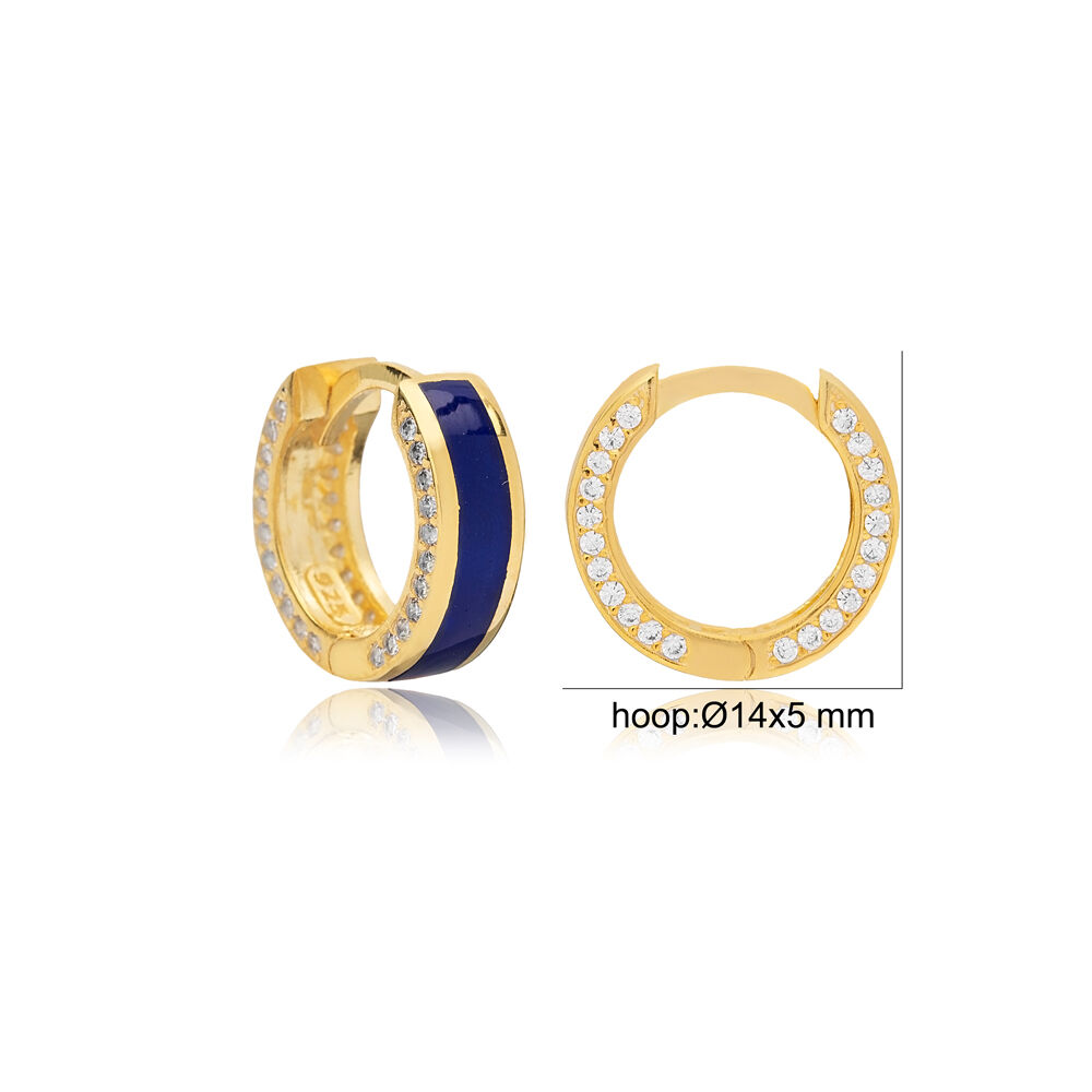 Dark Blue Color Enamel Design Clear Zircon Stone Hoop Earrings 925 Sterling Silver Jewelry