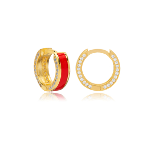 Red Color Enamel Design Clear Zircon Stone Hoop Earrings 925 Sterling Silver Jewelry