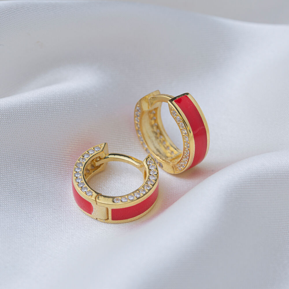 Red Color Enamel Design Clear Zircon Stone Hoop Earrings 925 Sterling Silver Jewelry