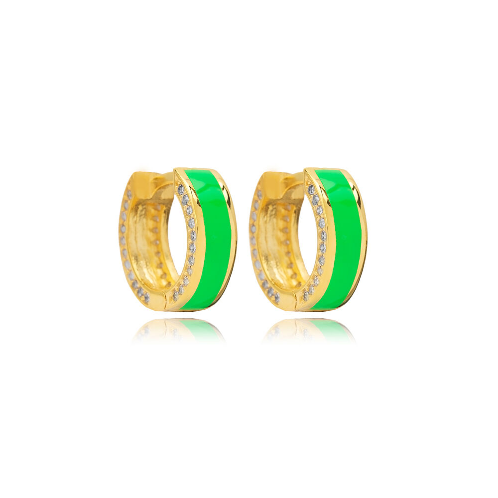 Bright Green Color Enamel Design Shiny Zircon Stone Hoop Earrings 925 Sterling Silver Jewelry