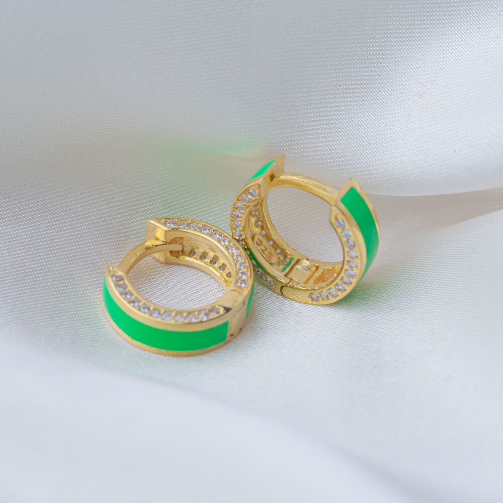 Bright Green Color Enamel Design Shiny Zircon Stone Hoop Earrings 925 Sterling Silver Jewelry
