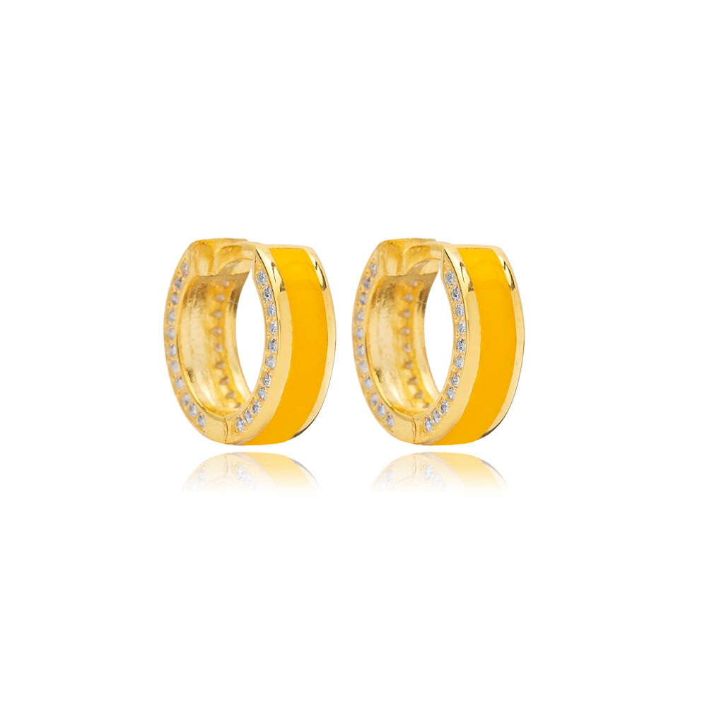 Mustard Yellow Color Enamel Design Shiny Zircon Stone Hoop Earrings 925 Sterling Silver Jewelry