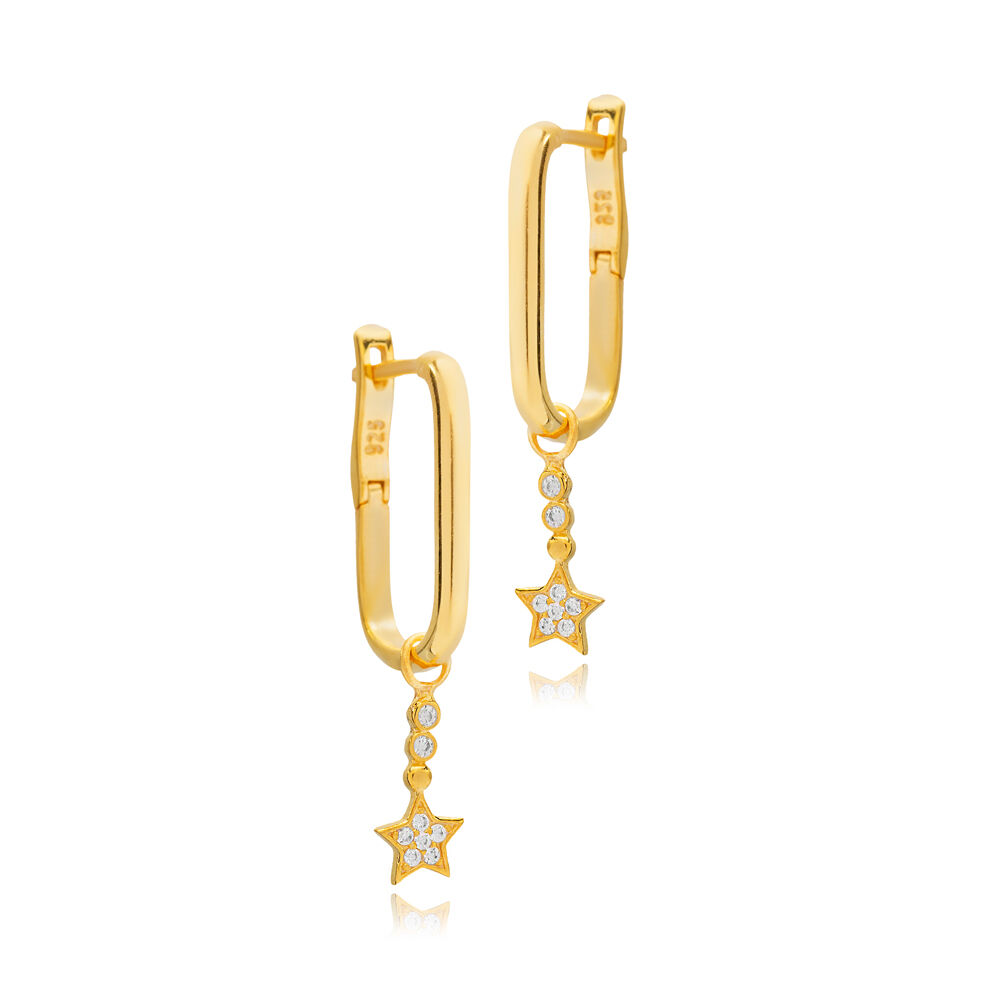 Minimalist Star Design Shiny Zircon Stone Dangle Earrings 925 Sterling Silver Jewelry