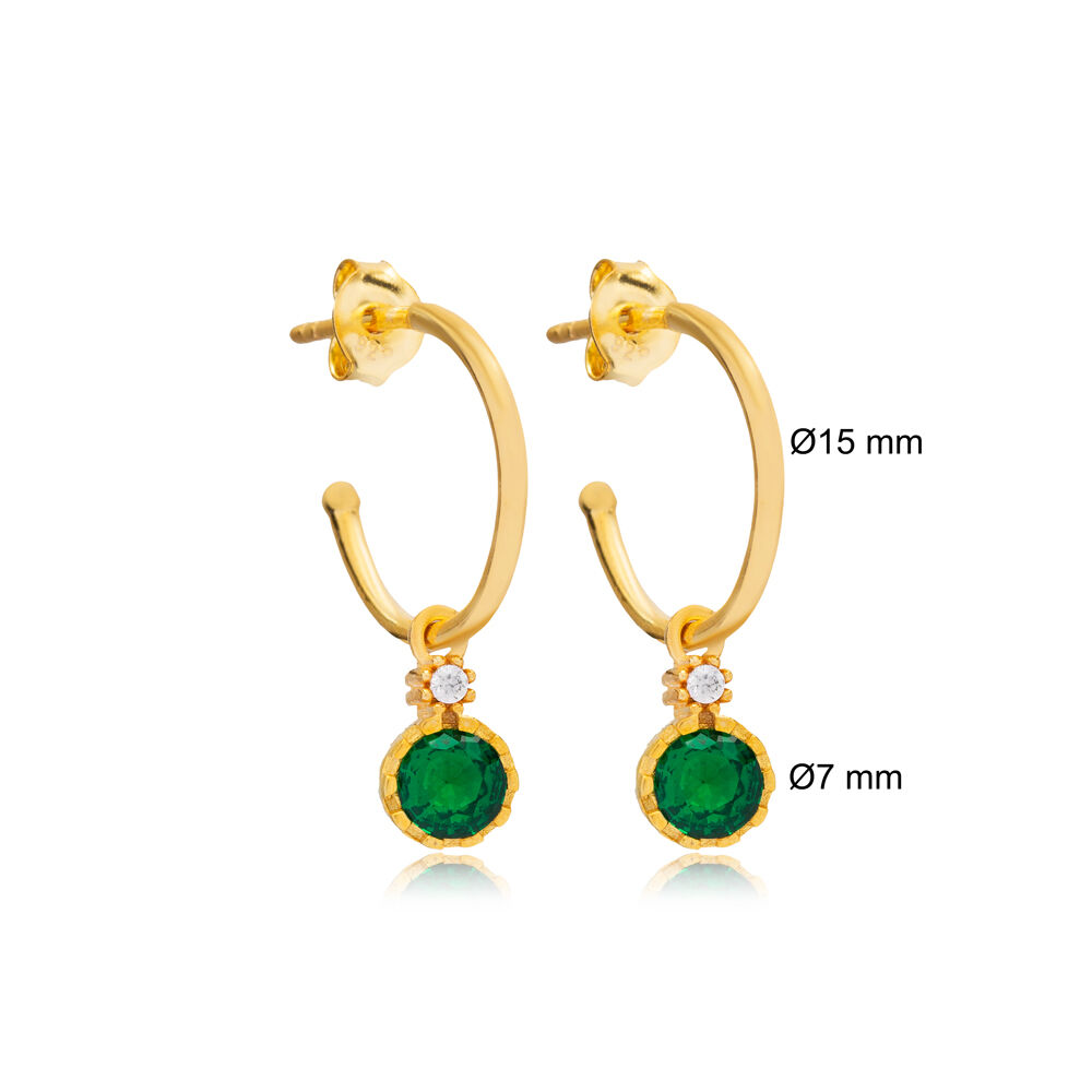 Round Shape Emerald Stone Hoop Earrings For Woman Turkish Handmade 925 Sterling Silver Jewelry
