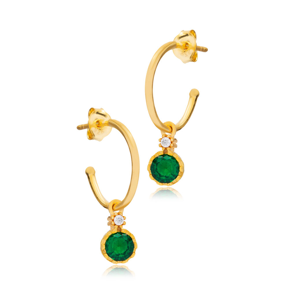 Round Shape Emerald Stone Hoop Earrings For Woman Turkish Handmade 925 Sterling Silver Jewelry