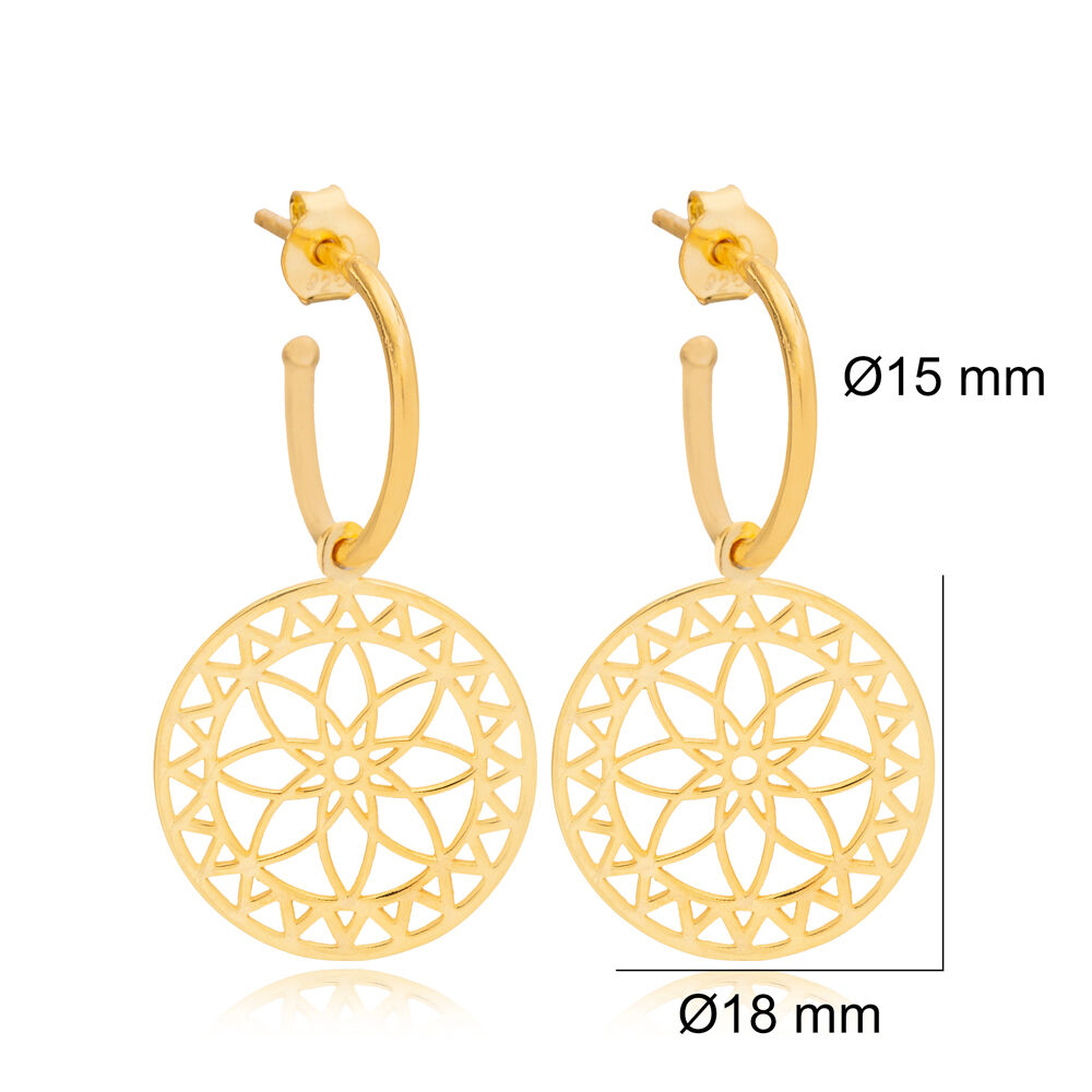 Plain Flower Traditional Design Hoop Earrings Turkish Handmade 925 Sterling Silver Jewelry