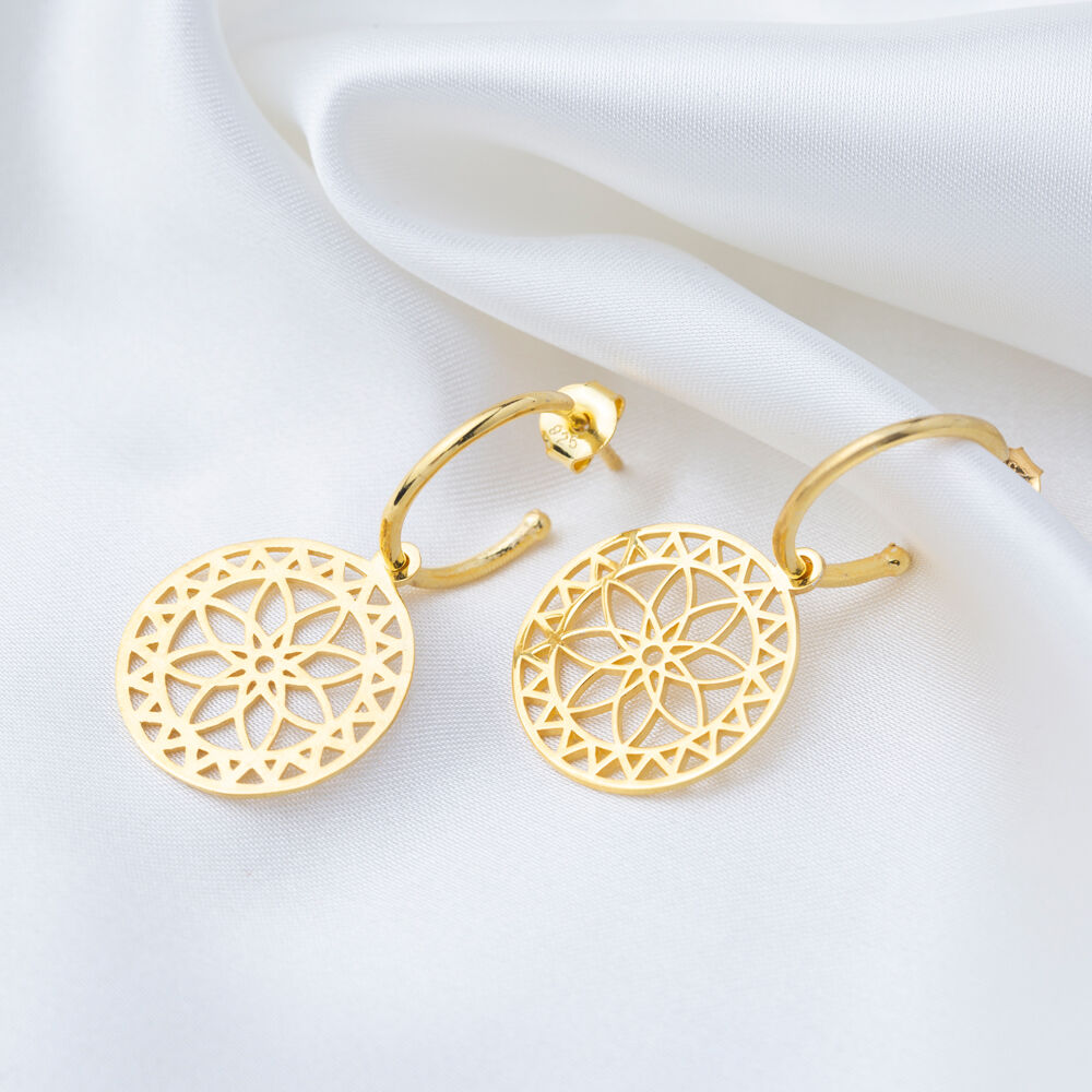 Plain Flower Traditional Design Hoop Earrings Turkish Handmade 925 Sterling Silver Jewelry