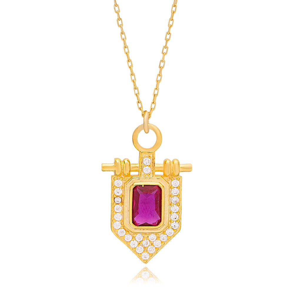 Unique Design Square Shape Ruby Stone Charm Necklace 925 Sterling Silver Jewelry