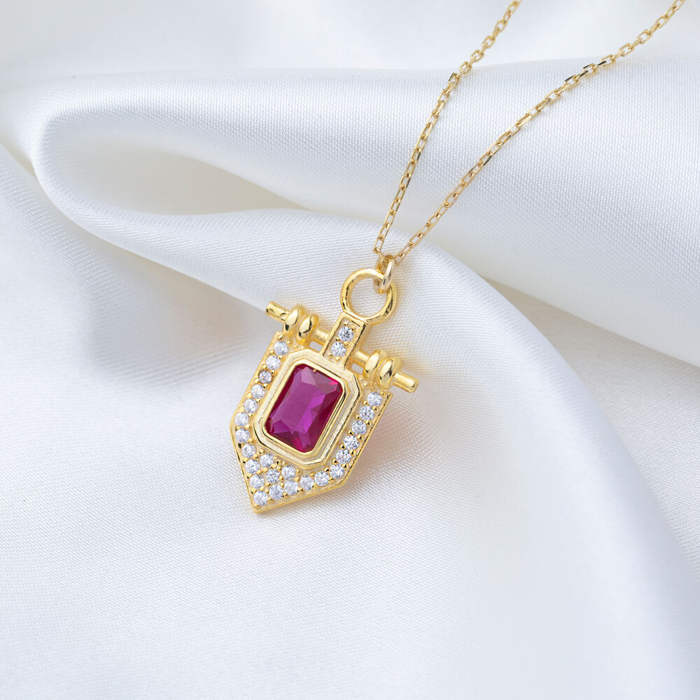 Unique Design Square Shape Ruby Stone Charm Necklace 925 Sterling Silver Jewelry